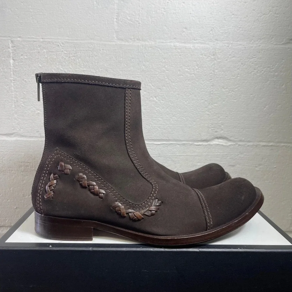 KENZO Ankle Boots Cap Toe Woven‎ Dark Brown Suede Back Zip Men's Size 7 UK/8 US